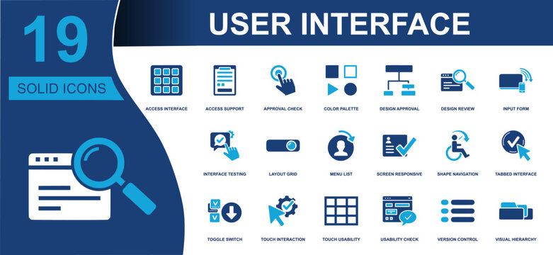 User interface icon set. Containing approval check, color palette, layout grid, menu list, touch interaction, responsive screen, version control and more. Solid fill vector icons collection.