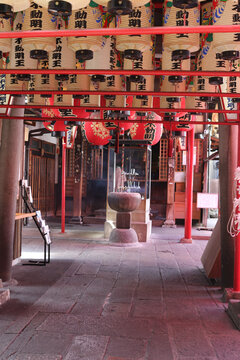 Lanterns and Incense Burner at Fudo Myo-o Temple in Osu, Japan
