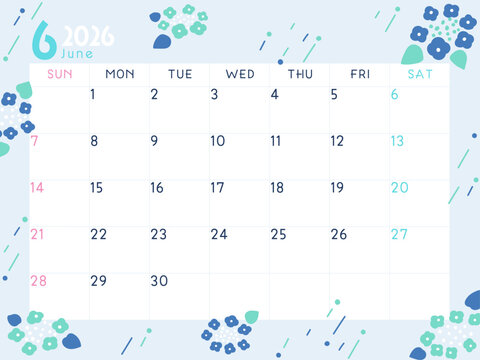 2026年6月のカレンダー　紫陽花と雨