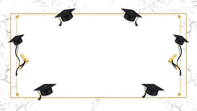 Elegant frame for certificate with marble texture border, black graduation caps and golden diplomas in each corner, large blank white center with soft shadows