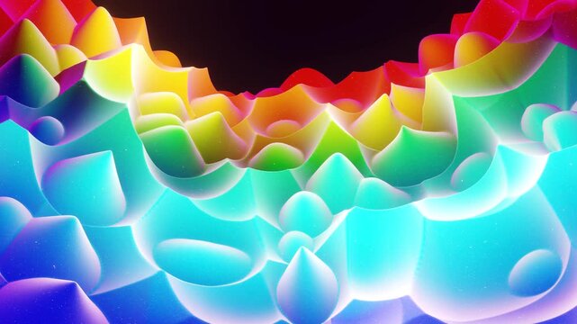 Rainbow gradient. Beautiful abstract 3D surface with extrude or displace waves transform in loop. Soft matte material like sweetness or marmalade with light inner glow, glitters in morphing surface.