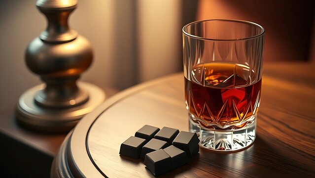 affiliation. Crystal snifter with amber cognac and dark chocolate on a wooden table, soft lamp light. bar promotions, beverage menus, designed for food & beverage menus and cafe branding.