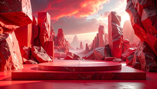 Rendered abstract scene featuring red rock formations and a circular platform with misty mountains