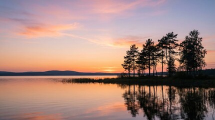 Fototapeta premium Serene lakeside sunset with silhouetted pine trees and golden reflections