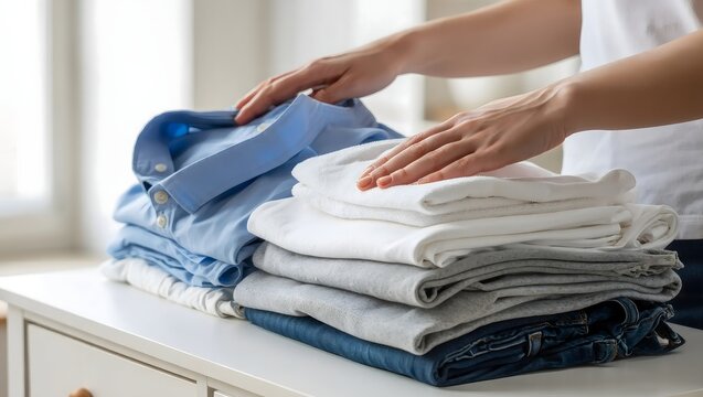 Person Folding Stack of Clean Laundry at Home