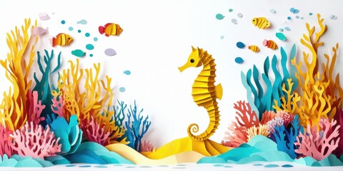 Fototapeta premium Papercraft scene depicts vibrant coral reef. Yellow seahorse swims among colorful plants, fish, bubbles. Peaceful underwater world.