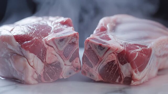 Close-Up of Two Raw Pork Chops With Marbling and Bone on a Marble Surface