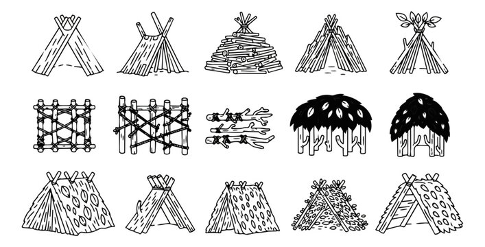 Illustrated collection of hand drawn shelter structures in black and white