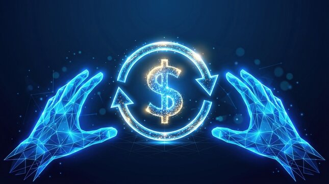 Futuristic digital money transfer concept, glowing blue wireframe hands holding dollar sign, global financial technology and online banking network