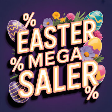 Easter mega sale advertisement with colorful eggs and flowers on dark purple background