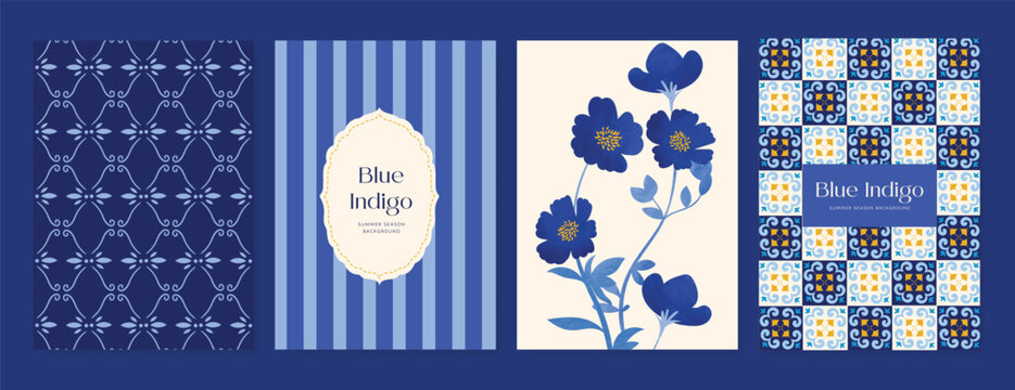 Indigo blue botanical Card Invitation, floral invite thank you, rsvp modern card Design in leaf and flower water color texture decorative Vector elegant rustic template