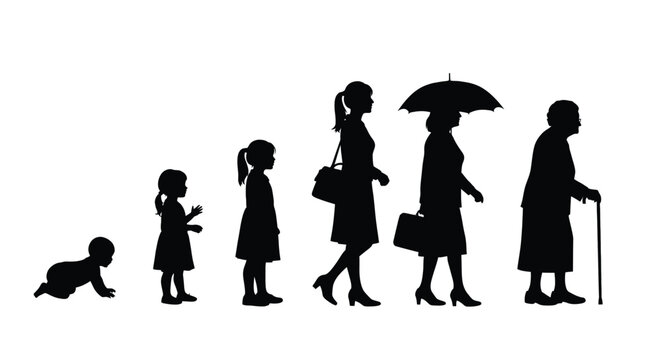 Silhouette sequence visually illustrating the complete female life cycle progression from infancy through childhood adolescence young adulthood middle age and into advanced seniority.