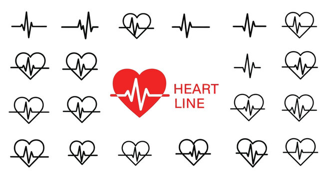 This comprehensive collection features various black outlined heart icons, each intricately incorporating a dynamic electrocardiogram or heartbeat line, symbolizing health, medical monitoring, and vit