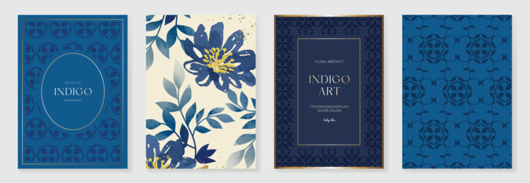 Indigo blue botanical Card Invitation, floral invite thank you, rsvp modern card Design in leaf and flower water color texture decorative Vector elegant rustic template