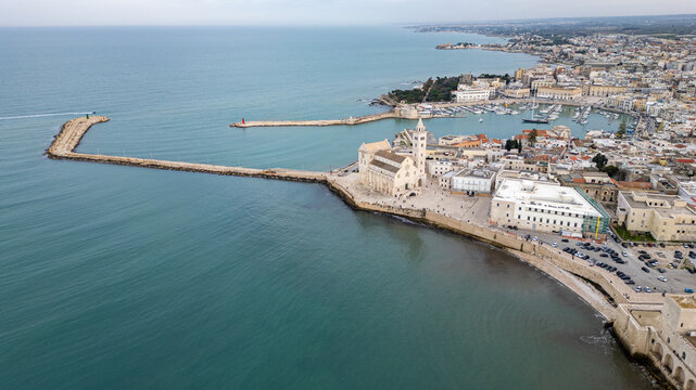 Aerial view of Trani shows the famous seaside cathedral In Italy