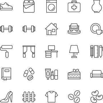 A collection of diverse linear icons representing various daily life objects and household items