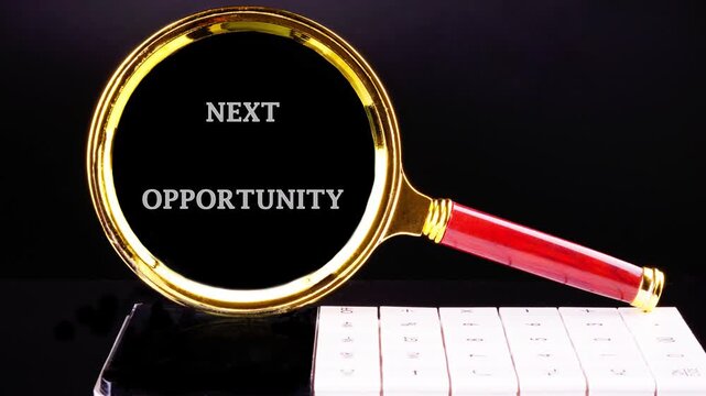 A golden magnifying glass glides across a dark surface revealing the words NEXT OPPORTUNITY near a crisp white keyboard a quest for future prospects