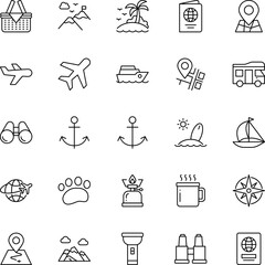 Fototapeta premium A collection of travel and adventure icons featuring transportation landmarks and outdoor gear items