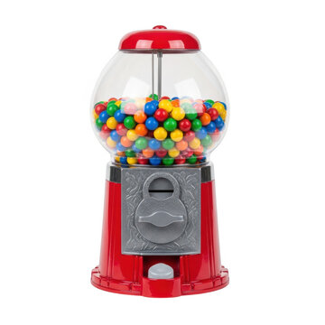 A red gumball machine filled with colorful gumballs