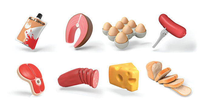 food isolated 3D vector icon render illustration set with ketchup pouch, fish steak, eggs in tray, sausage on fork, raw meat steak, sliced salami, cheese block, and loaf of bread