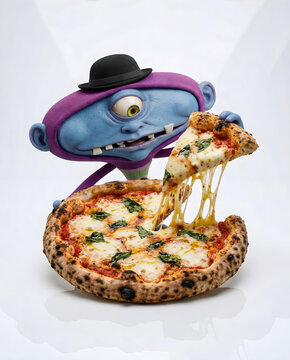 Monstro azul com chap&eacute;u com fome come um peda&ccedil;o de pizza de mozarella com tomate e manjeric&atilde;o no fundo branco