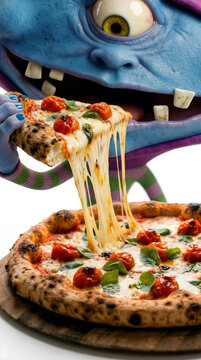 Monstro azul com chap&eacute;u com fome come um peda&ccedil;o de pizza de mozarella com tomate e manjeric&atilde;o no fundo branco