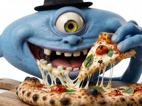 Monstro azul com chap&eacute;u com fome come um peda&ccedil;o de pizza de mozarella com tomate e manjeric&atilde;o no fundo branco