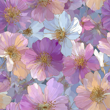 Soft pastel floral pattern with delicate spring bloom flowers in shades of purple, pink, peach, and white creating gentle and elegant seamless design