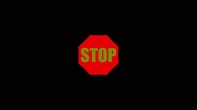 Motion graphic video animation. Attention road stop sign. Red shape octagon icon with white stop lettering.