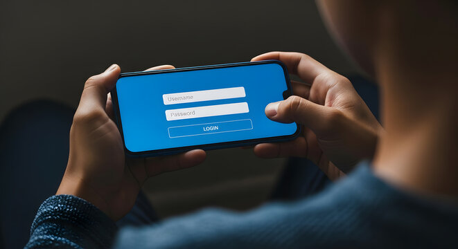 A person holding a smartphone with a blue login screen displaying username and password fields