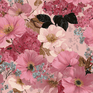 Pink floral pattern with large and small flowers, soft petals, and delicate leaves creating romantic and elegant garden design full of natural beauty and gentle colors