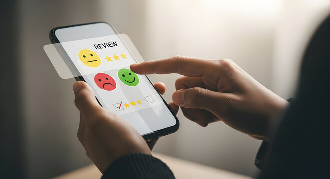 A person holds a smartphone with a review screen displaying happy and sad emojis and rating stars