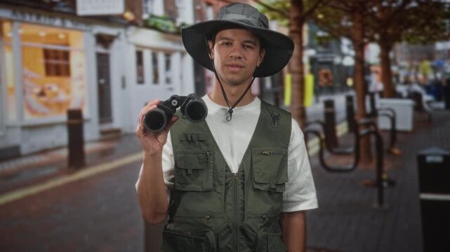 Man holds binoculars at chest, wears wide brim hat and green utility vest while standing on a cobblestone street lined with storefronts and trees; curiosity urban exploration.