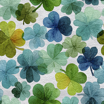 Watercolor pattern of four leaf clover in various shades of green and blue, creating soft, overlapping tile design with natural and lucky charm feel