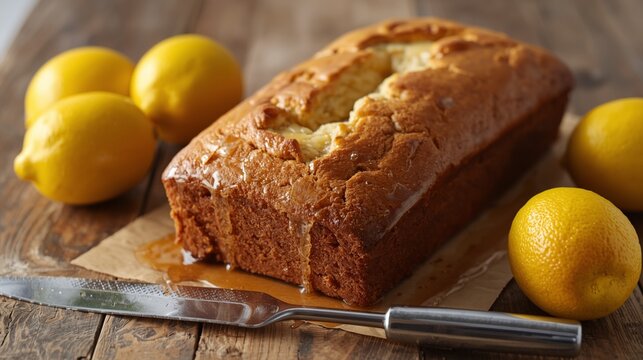 A freshly baked lemon drizzle loaf cake straight out of the oven, golden crust with glaze dripping into cracks, surrounded by whole lemons and a zester on a rustic wooden table