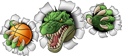 A crocodile, dinosaur or alligator lizard sports mascot holding a basketball ball © Christos Georghiou