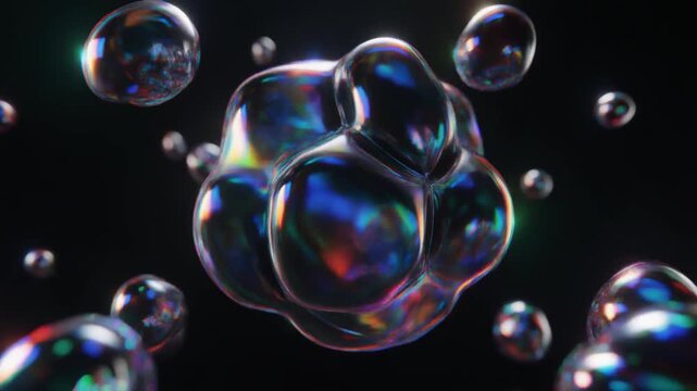 Abstract flowing iridescent liquid metal metaball shapes on a black background