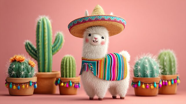 Cute 3D llama wearing sombrero and colorful mexican poncho standing with cacti in pots on pink background
