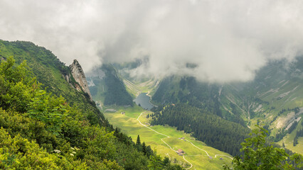 View on the hiking trail from Hoher Kasten mountain toward Saxer Lücke rock formation in the Appenzeller Alps. Alpine hiking trail with rocks and pine trees. Foggy summer day in the Swiss Alps.