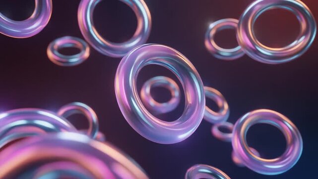 Abstract background with floating reflective metallic torus shapes and colorful light reflections