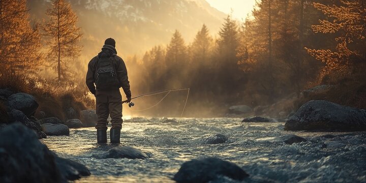 Person wearing waders stands fly-fishing in cold mountain stream surrounded by autumn foliage, rocky cliffs, and mist-covered peaks in background. Generative by AI.