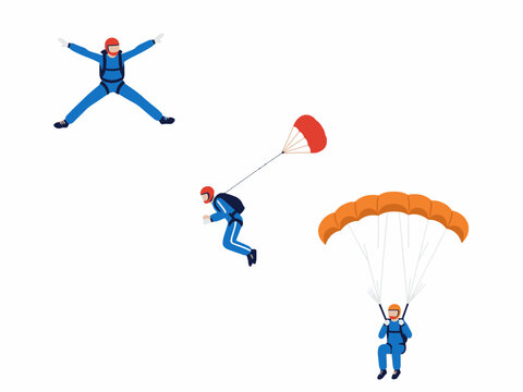 Skydiving set with parachutists in freefall and under canopy