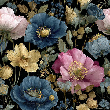 Vintage floral pattern with large blue, pink, and yellow poppy flowers and green leaves on black background, creating luxurious and elegant botanical design