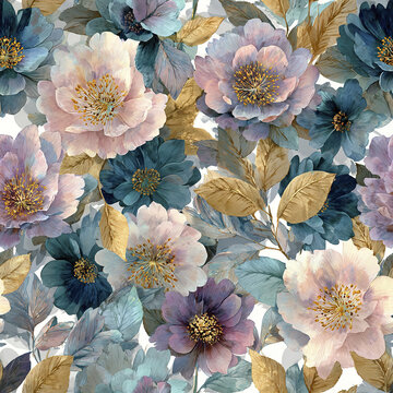 Luxury pastel grandmillennial floral seamless pattern with refined blue and gold leaves, soft pink and purple flowers creating elegant and sophisticated design for decor