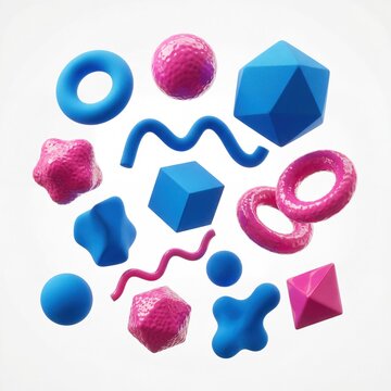 3D shapes, geometric forms, blue and pink objects, abstract elements, colorful icons