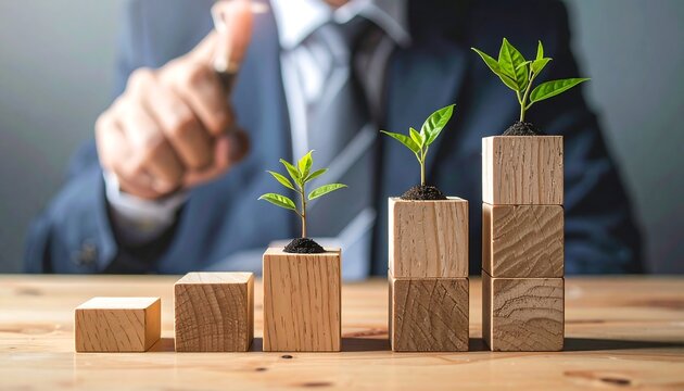A man in a suit points at growing plants on wooden blocks