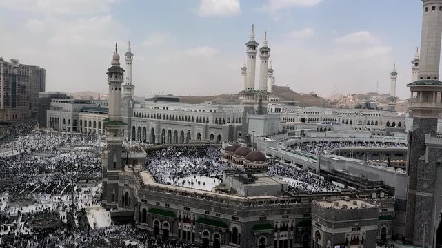Makkah Saudi Arabia, Masjid al Haram 4K Footage, Top Angle View of People Performing Umrah and Hajj in the Holy City of Saudi Arabia