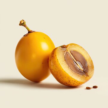 Fresh Yellow Canistel Fruit and Halved Pouteria campechiana with Seeds on Light Background.