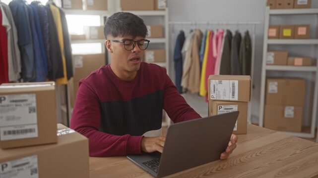 Young hispanic man at laptop coughs into elbow while packing orders among stacked shipping boxes and clothing racks inside a small business building; health concern.