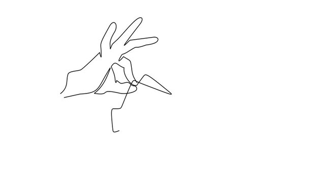 Animated self drawing of continuous line draw of Hand Passes a Dollar Bill to Another Hand, Symbolizing Financial Transaction   Full length one line animation. 4K	
